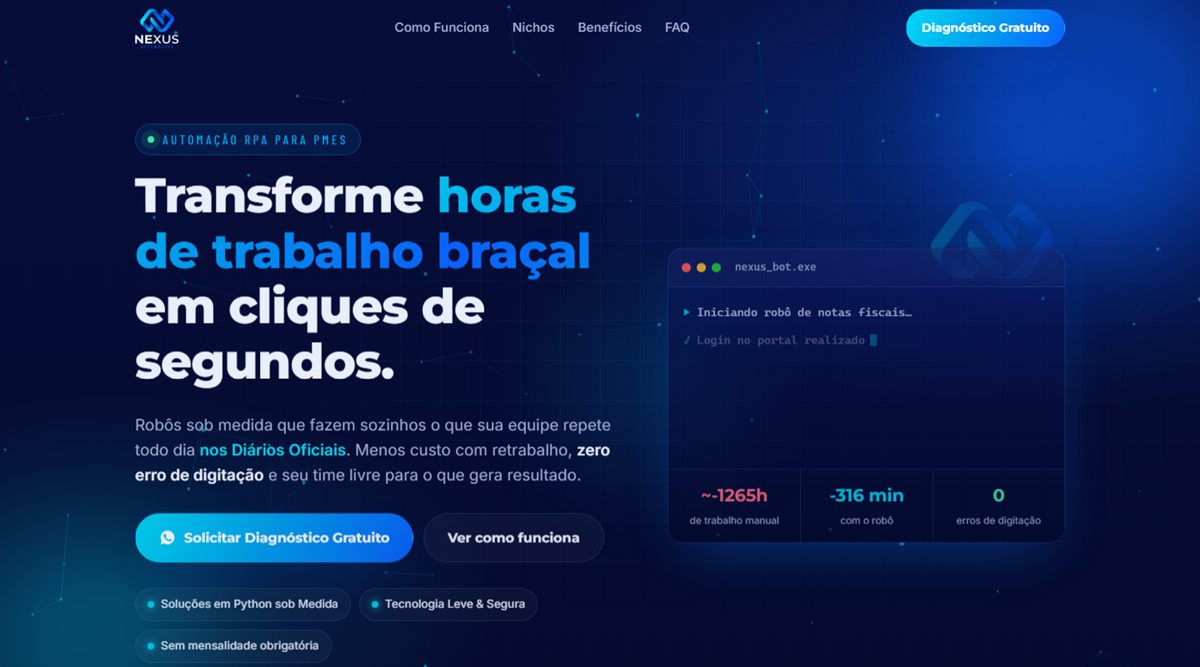 Tela inicial da landing page da Nexus Automações